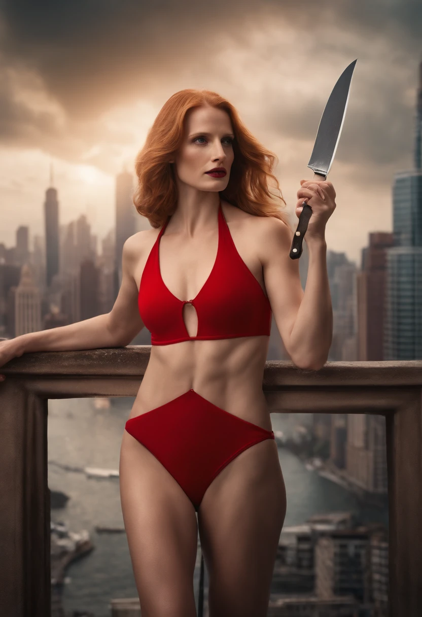 Actress Jessica Chastain, wearing red swimsuit, holding a knife, cityscape background, best quality, hyper realistic