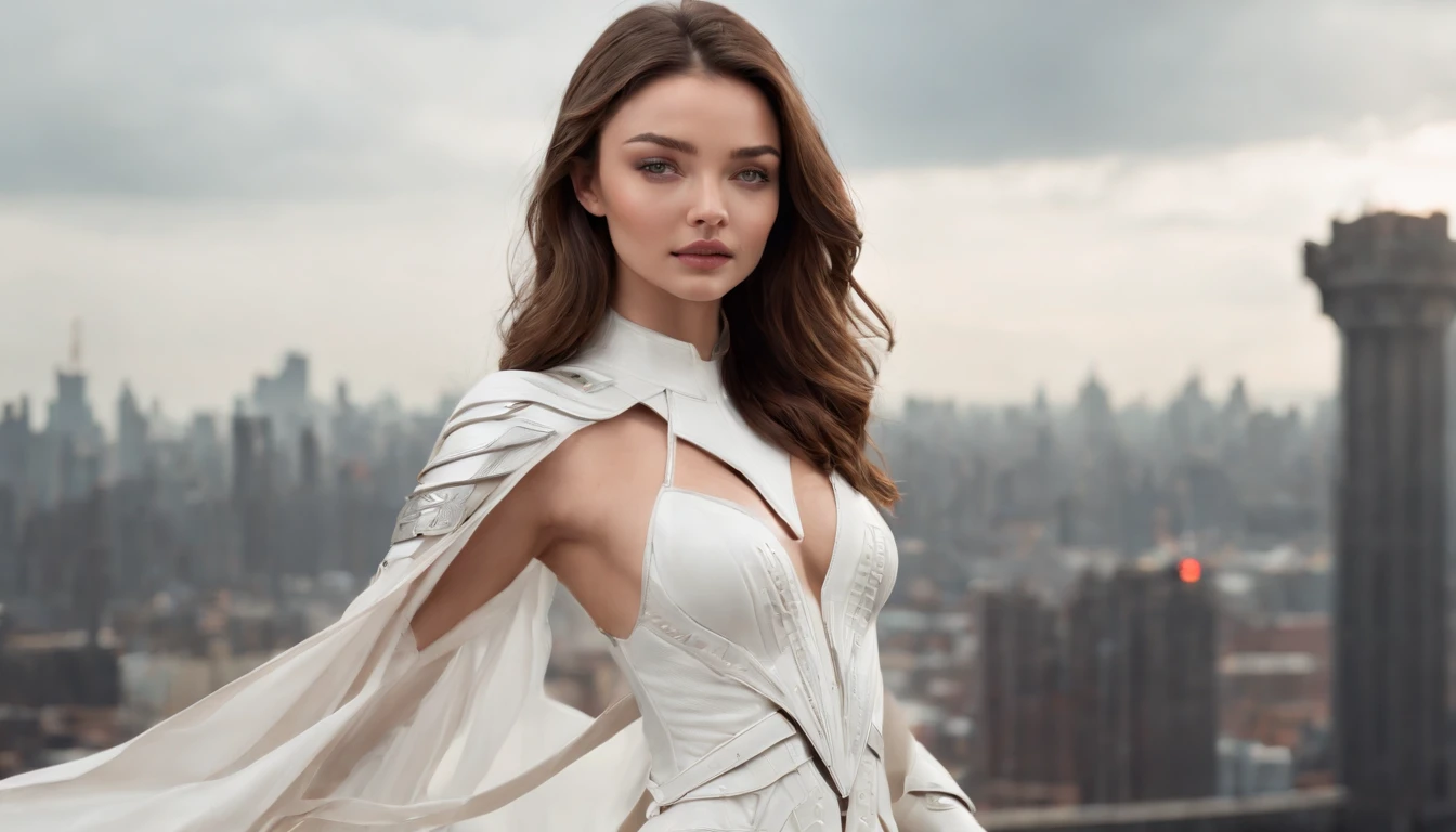 ((Woman similar to Miranda Kerr 24 YO & Perfect face & seductive expression & White cyberpunk dress & Full armor with pants & Ultra-detailed hazel eyes & Tall & Slender & Pale skin & Dark brown hair cascading down to your shoulders & Small bust & hourglass figure, detailed hands))|, She Is Running On The Rooftops, Dynamic adventurer Poses, Background Futuristic Night City,|