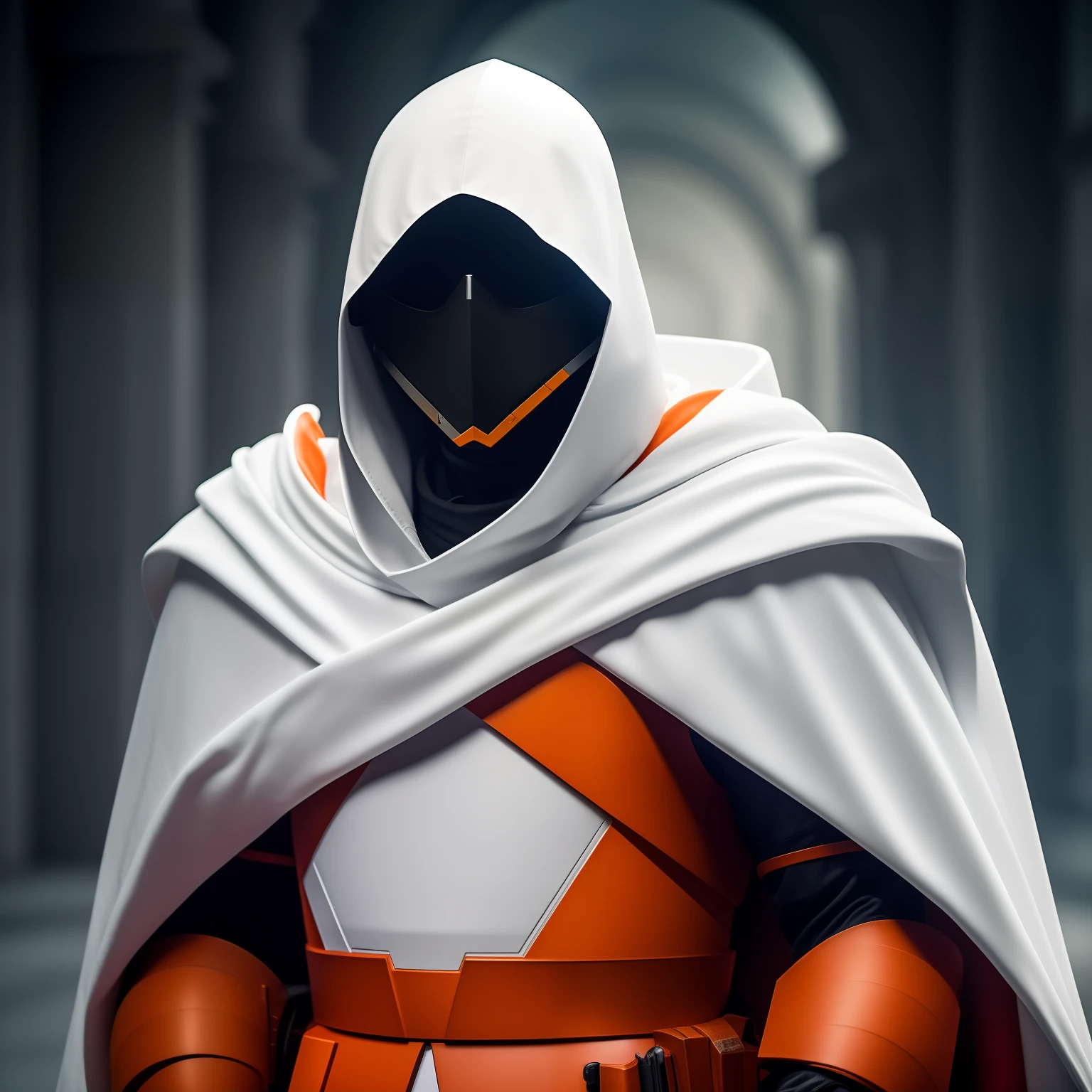 A Soldier Science Fiction, with a white cape with a white hood and a mask with bright orange eyes, com seu corpo emanando, scientific fiction, no campo de batalha