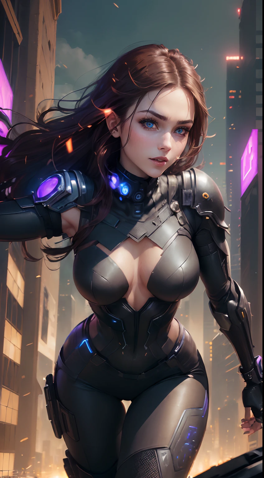 ((Woman with Perfect face & Happy expression & Black cyberpunk dress & Full armor with pants & Ultra-detailed hazel eyes & Tall & Slender & Pale skin & Dark brown hair cascading down to your shoulders & Small bust & hourglass figure, detailed hands))|, She Is Running On The Rooftops, Dynamic adventurer Poses, Background Futuristic Night City,|