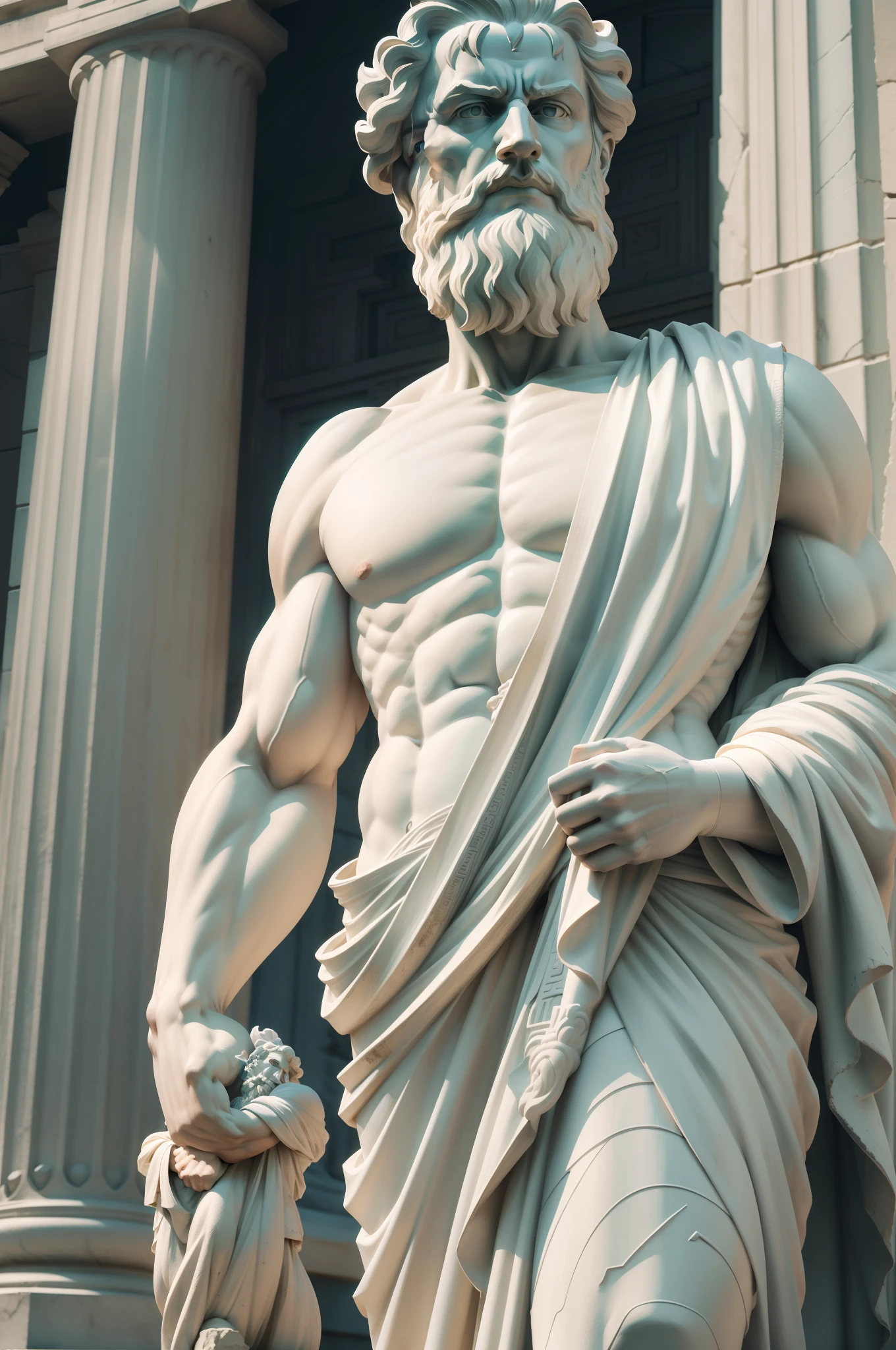 Greek philosopher statue white standing with beard and muscles, cinematic, 8k, greek pillar int the background