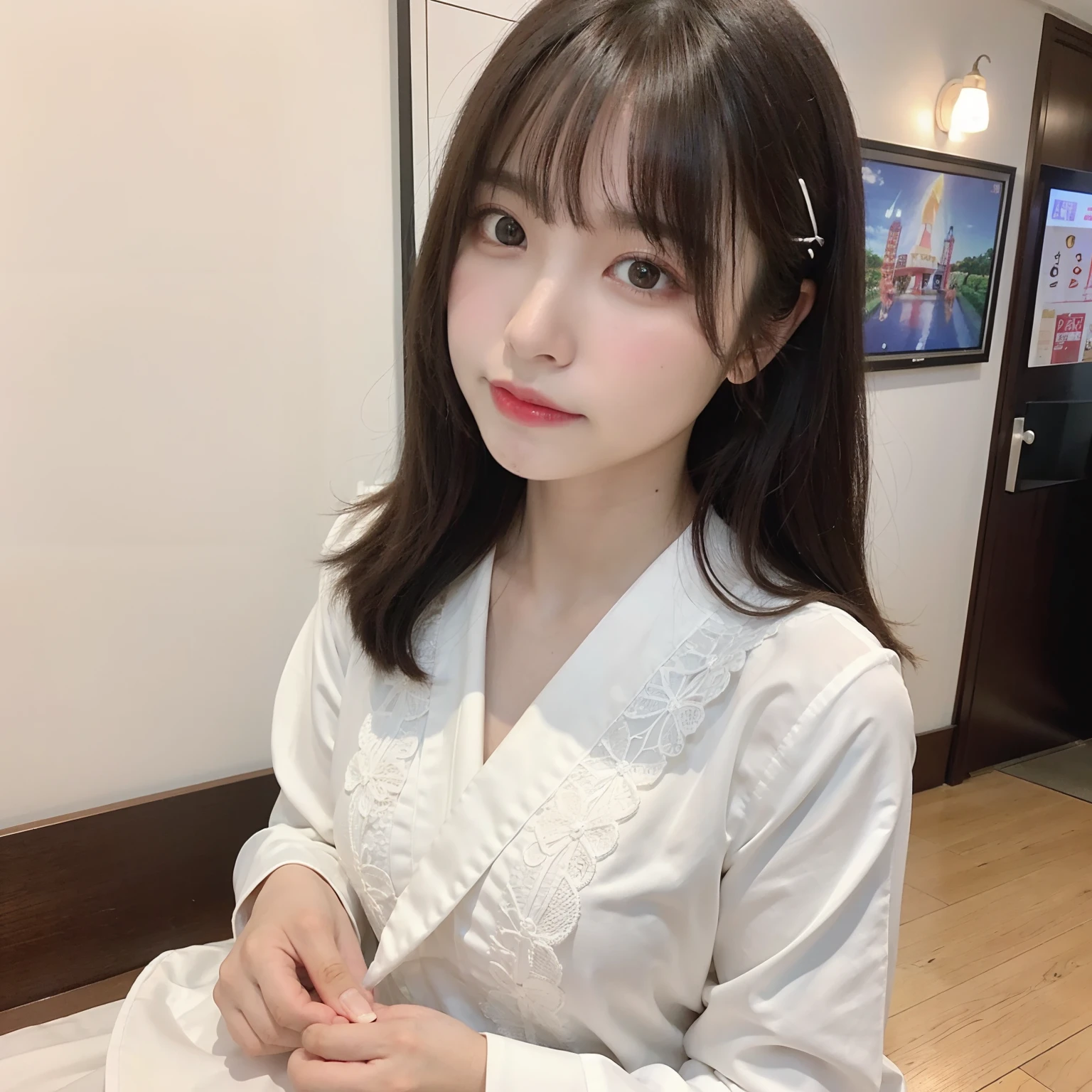 qulity, A hyper-realistic, (realisitic:1.3)、top-quality、超A high resolution、SLR、Crisp focus:1.2、Instagram、Very delicate、hyperdetailed face、very detailed lips、A detailed eye、Look at viewers、Japan 1 woman(A dark-haired、shorth hair、Black eye、sixteen years old、Colossal tits、Delicate body、cute little、adolable)、Japan Beautiful High School Student、(White lace yukata)、NSFW,((masterpiece:1.3))、Fireworks Display(Festival of Japan)、Kamimei