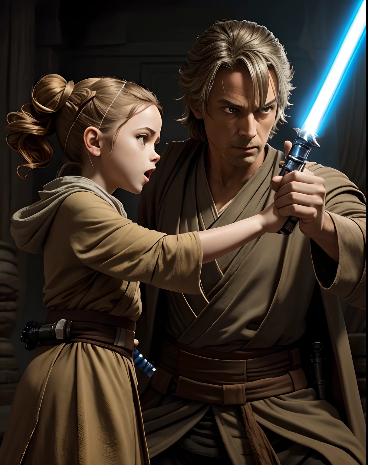 A detailed jedi in attack pose, with a female little padawan, holding a lightsaber, intricate, masterpiece, best quality