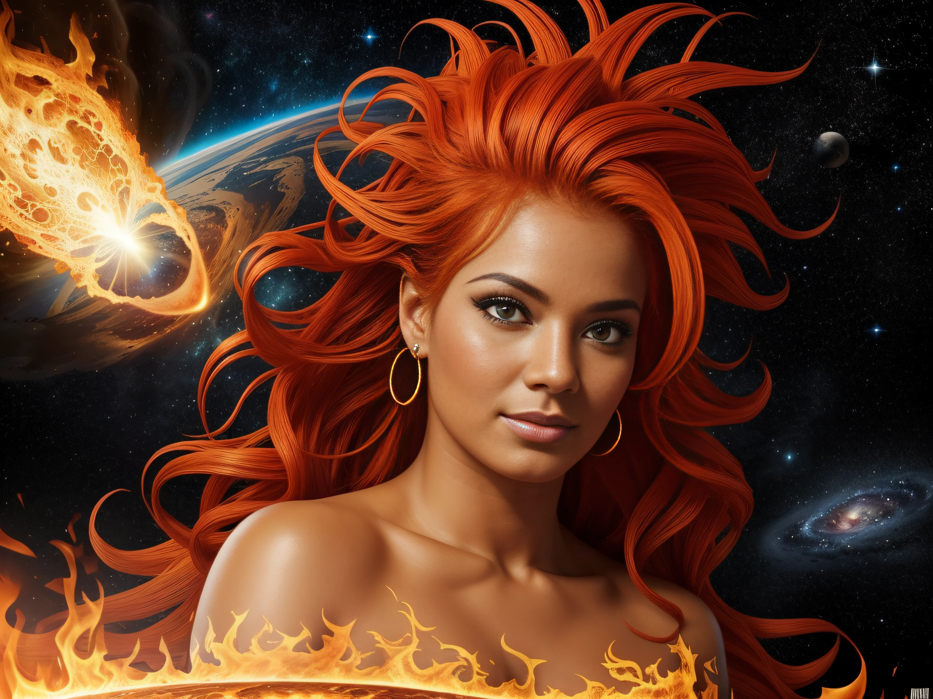 best quality:1.33), (master part:1.42), (Realistic:1.24), (circunstanciado:1.15), A fiery cosmic deity with flaming hair, a Deusa Ruiva irradia o brilho das estrelas. His eyes reflect distant galaxies, and his touch gives the essence of life to the planets. She is the creative force that weaves the fabric of the universe.