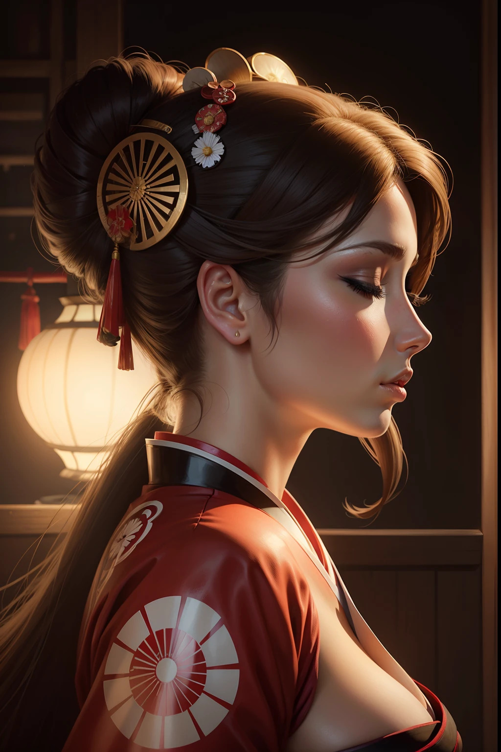 lucy pinder, portrait, geisha, profile, eyes closed