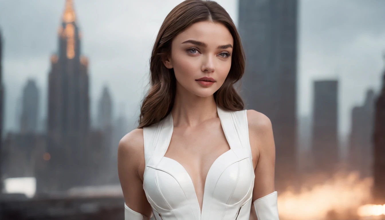 ((Woman similar to Miranda Kerr 24 YO & Perfect face & seductive expression & White cyberpunk dress & Full armor with pants & Ultra-detailed hazel eyes & Tall & Slender & Pale skin & Dark brown hair cascading down to your shoulders & Small bust & hourglass figure, detailed hands))|, She Is Running On The Rooftops, Dynamic adventurer Poses, Background Futuristic Night City,|