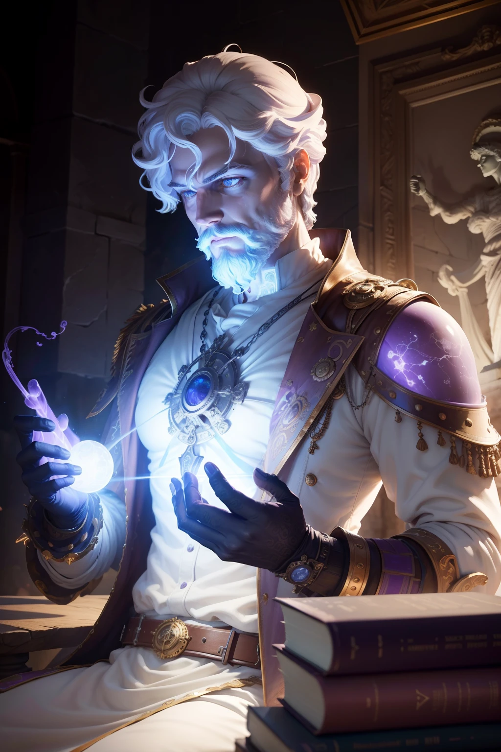 Create an inspiring 8K steampunk image depicting a 3rd century Greek philosopher.C., immortalized as a white and violet marble statue. Fundo branco, illuminated by epic violet lights and shadows. The resulting image should exude the aura of deep contemplation and wisdom.