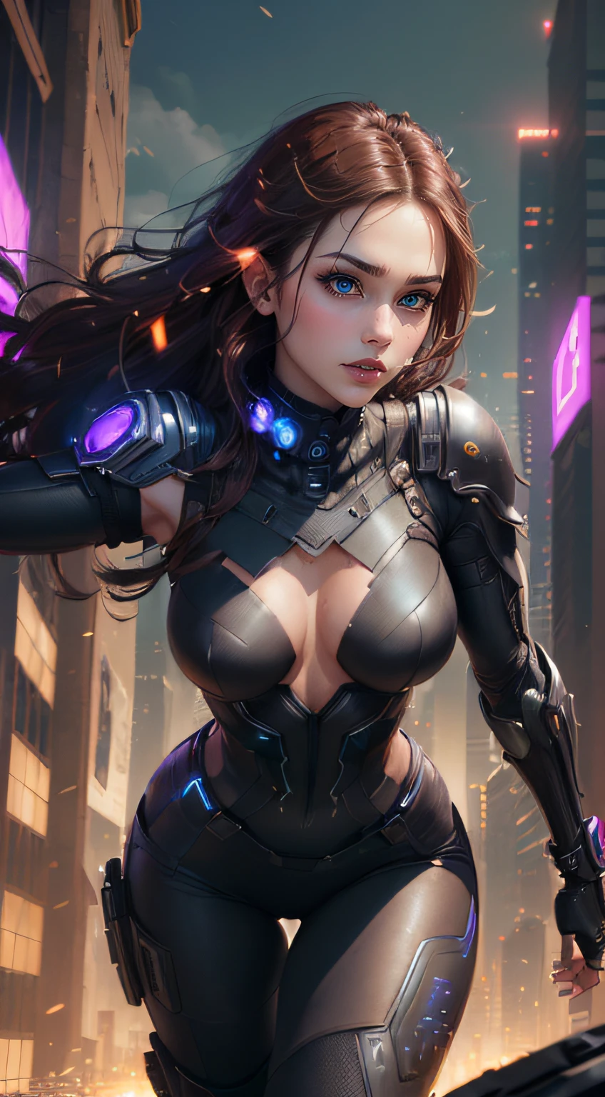 ((Woman with Perfect face & Happy expression & Black cyberpunk dress & Full armor with pants & Ultra-detailed hazel eyes & Tall & Slender & Pale skin & Dark brown hair cascading down to your shoulders & Small bust & hourglass figure, detailed hands))|, She Is Running On The Rooftops, Dynamic adventurer Poses, Background Futuristic Night City,|