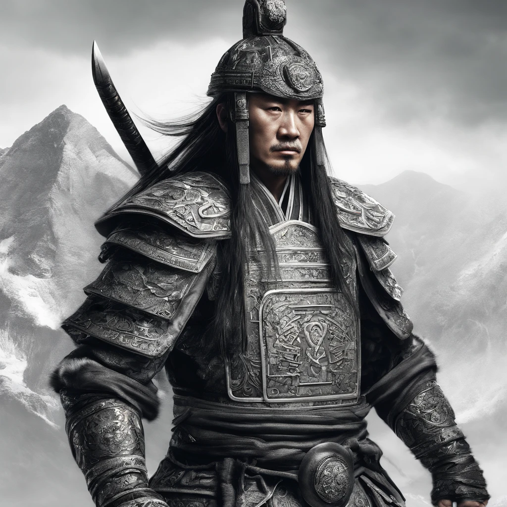 (The ultra -The high-definition)、(Photorealsitic:1.4)、Raw photography of Ghengis Khan,detailed face and eyes, Masterpiece, best quality, (highly detailed photo:1.1), 8k, photorealistic, (dark hair color, dynamic short hair), (pureerosface_v1:0.2), [:(detailed face:1.2):0.2], sharp, realistic, real shadow,Chinese general,richly colored uniforms,vivid and dynamic brushstrokes,ancient battlefield setting,warrior spirit,ornamental armor and commanding presence,courageous expression,heroic posture,historical portrait,proud and noble featuresmajestic mountains as backdrop,impressive battle formation,martial arts expertise and weapons proficiency,wisdom and leadership,aura of authority,atmospheric perspective,dramatic lighting,heroic legend,classic Chinese metaphor,strong sense of tradition and cultural heritag
