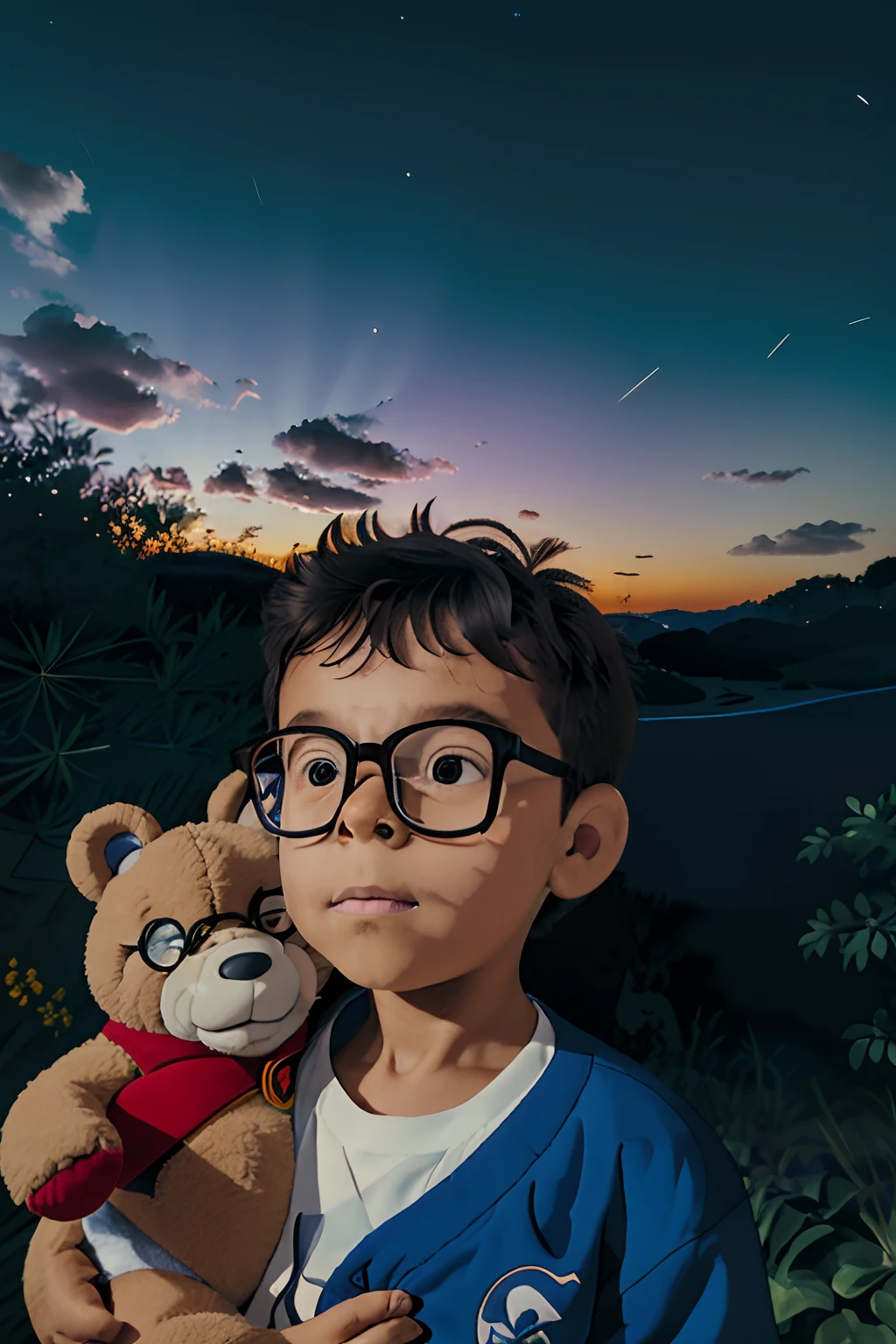 Create a captivating illustration inspired by Studio Ghibli, rico em detalhes e fantasia, with a 3-year-old boy wearing glasses. The scene unfolds in a dreamlike world where the boy sleeps gracefully on a fluffy cloud suspended amid a vast, Starry night sky.O ****** dorme com um ar de tranquilidade, seu rosto jovem e pele meticulosamente detalhados, capturing every innocent nuance of his expression. He holds his beloved teddy bear, embracing it close to your heart as a symbol of comfort and safety.The starry night sky is full of twinkling stars, creating a breathtaking celestial setting that adds a touch of magic to the scene. The moonlight bathes the boy and his cloud in a chiaroscuro style lighting, casting soft shadows and increasing the depth of the illustration.The rendering should be incredibly good, with 8K resolution, garantindo que cada detalhe, From the boy's features to the stars in the night sky, is impeccably rendered.This enchanting image beautifully captures the notion of dreams and imagination of a child taking flight among the stars, A moment of pure serenity and admiration.