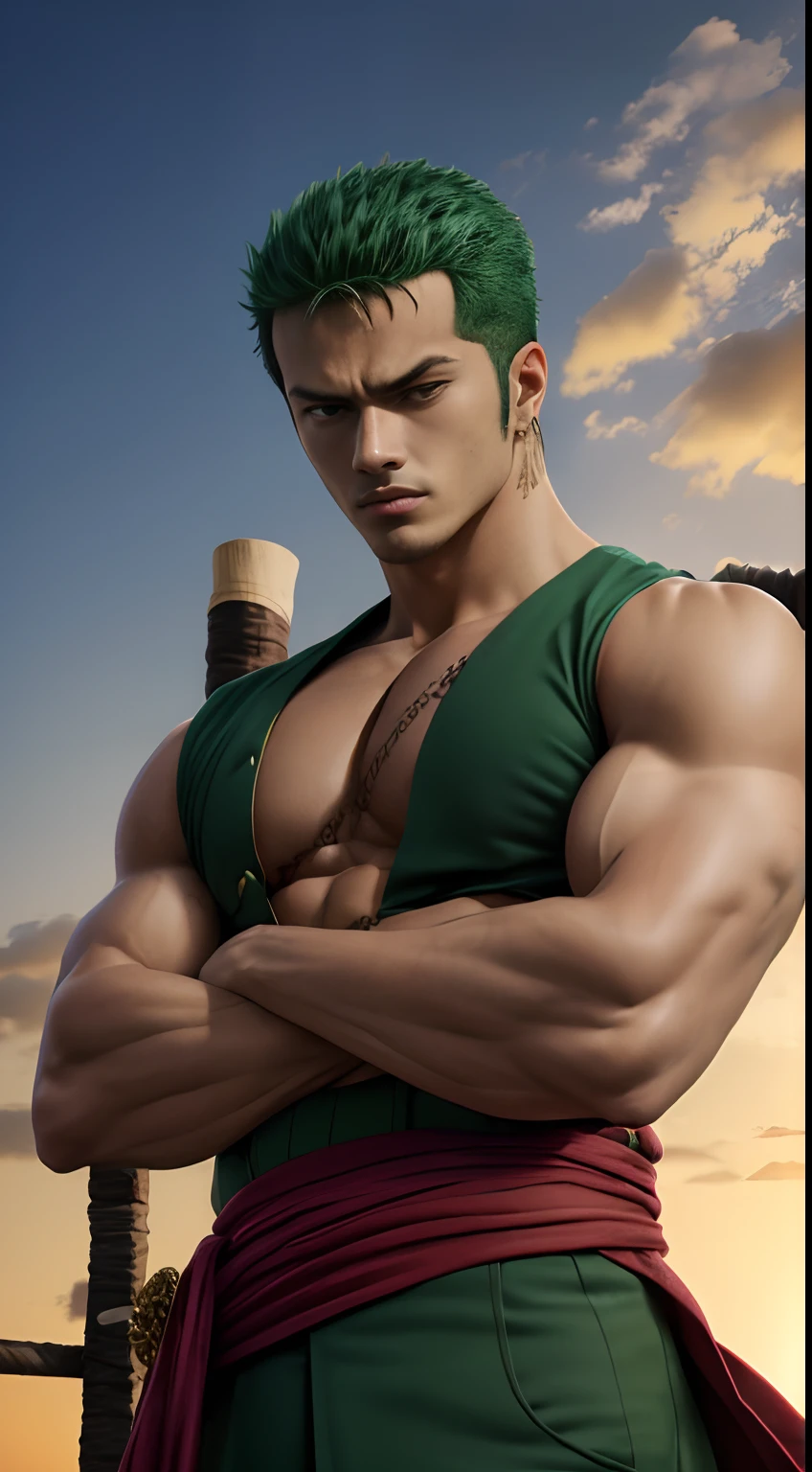 (((masterpiece+best quality+high resolution+ultra-detailed))), zoro\(one piece\), high nose, sharp eyes, noble and inviolable temperament, (([male]: 1.2 + [handsome]: 1.2 + green hair: 1.2)), pirate ship background, (one piece), roronoa zoro, cropped green hair, cowboy shot, scar on left eye, muscular male, (dual wielding:1.2), katanas, crossed arms, japanese clothes, green kimono, dynamic angle and posture.