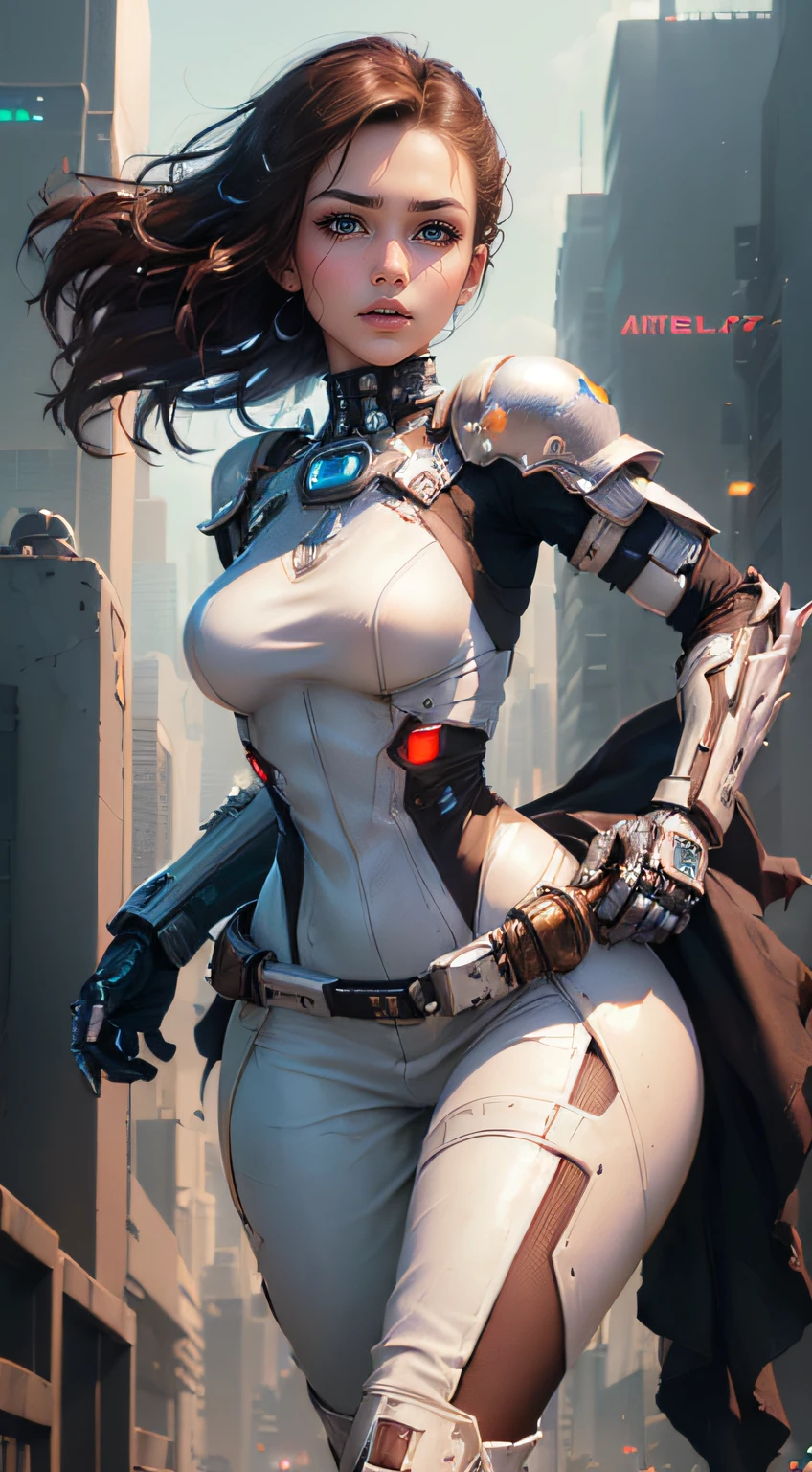 ((Woman with Perfect face & friendly expression & White cyberpunk dress & Full armor with pants & Ultra-detailed hazel eyes & Tall & Slender & Pale skin & Dark brown hair cascading down to your shoulders & Small bust & hourglass figure, detailed hands))|, She Is Running On The Rooftops, Dynamic adventurer Poses, Background Futuristic Night City,|