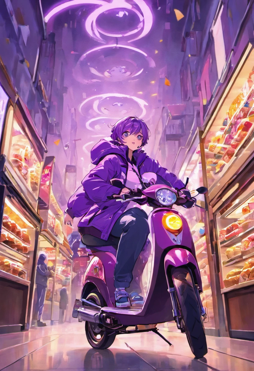cartoon)Homem center foods em uma scooter, carregando uma mochila roxo, iluminado, entregando caixa de parsel, muito profissional, delivering mail, 🔥 😎 🕹️ 👀 :2, Entrega de comida, Afp, Jovem em um capuz roxo, iluminada, imagem de alta qualidade, advertising photo, last photo, Purple jacket, imagem de alta qualidade, Upload de alta qualidade, Transform into inlusction