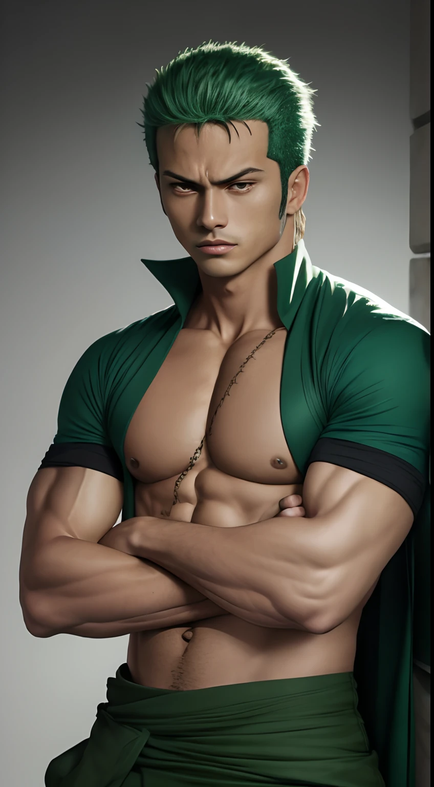 (obra-prima, melhor qualidade: 1.2), Tiroteio de Cowboy, sozinho, Foco masculino, 1st grade, Roronoa Zoro, cicatriz, homem musculoso, sorrir, olhando para o espectador, (empunhadura dupla: 1.2) Katanas, folded arms, roupas japonesas, quimono verde (((master part+best quality+high resolution+ultra-detalhado))), Zoro\(one piece\), nariz alto, olhos afiados, olhos perfeitos, noble and inviolable temperament, (([masculino]: 1.2 + [majo]: 1.2 + cabelo verde: 1.2)), fundo de navio pirata, (one piece), Roronoa Zoro, cabelo verde cortado, Tiroteio de Cowboy, cicatriz no olho, musculoso masculino, (empunhadura dupla:1.2), Katanas, folded arms, roupas japonesas, quimono verde, Dynamic angle and posture.
Nome: Roronoa Zoro Idade: 21 anos Altura: 1,Peso 81m: 78kg Origem: azul leste, Physical description: Zoro is a skilled swordsman with a distinctive appearance. He has messy green hair and three scars on his left eye, resultado de seu treinamento rigoroso. His athleticism and defined muscles reflect his strength and physical prowess. He is usually seen wearing an open shirt and green pants, in addition to carrying his three swords on his back. Personalidade: Zoro is known for his serious and determined nature. He is highly loyal to his friends and is willing to risk his life to protect them. Sua busca incessante para se tornar o espadachim mais forte do mundo muitas vezes o leva a treinos intensos e a desafiar poderosos oponentes. Despite its intimidating appearance, Zoro has a dry sense of humor and often engages in funny moments with his teammates.