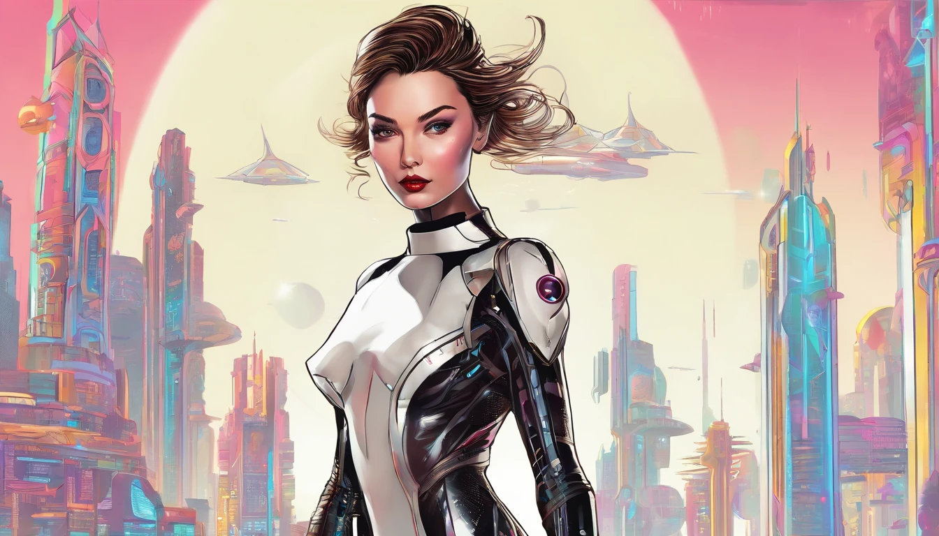 ((Woman similar to Miranda Kerr 24 YO & Perfect face & seductive expression & White cyberpunk dress & Full armor with pants & Ultra-detailed hazel eyes & Tall & Slender & Pale skin & Dark brown hair cascading down to your shoulders & Small bust & hourglass figure, detailed hands))|, She Is Running On The Rooftops, Dynamic adventurer Poses, Background Futuristic Night City,|
