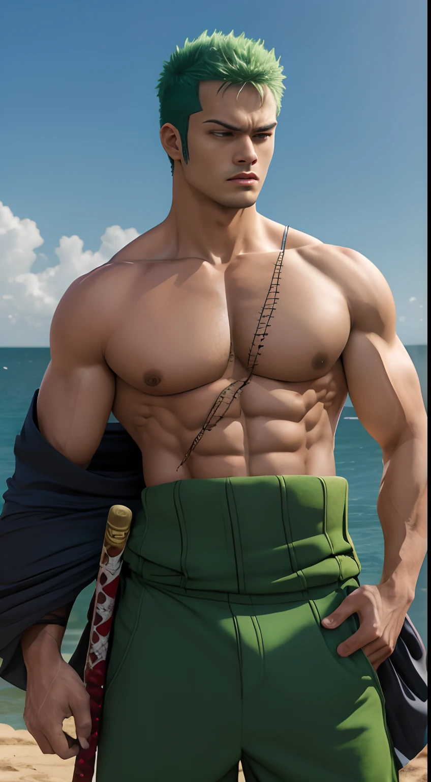 (obra-prima, melhor qualidade: 1.2), Tiroteio de Cowboy, sozinho, Foco masculino, 1st , Roronoa Zoro, cicatriz, homem musculoso, sorrir, olhando para o espectador, (empunhadura dupla: 1.2) Katanas, folded arms, roupas japonesas, quimono verde (((master part+best quality+high resolution+ultra-detalhado))), Zoro\(one piece\), nariz alto, olhos afiados, olhos perfeitos, noble and inviolable temperament, (([masculino]: 1.2 + [majo]: 1.2 + cabelo verde: 1.2)), fundo de navio pirata, (one piece), Roronoa Zoro, cabelo verde cortado, Tiroteio de Cowboy, cicatriz no olho, musculoso masculino, (empunhadura dupla:1.2), Katanas, folded arms, roupas japonesas, quimono verde, Dynamic angle and posture.
Nome: Roronoa Zoro Idade: 21 anos Altura: 1,Peso 81m: 78kg Origem: azul leste, Physical description: Zoro is a skilled swordsman with a distinctive appearance. He has messy green hair and three scars on his left eye, resultado de seu treinamento rigoroso. His athleticism and defined muscles reflect his strength and physical prowess. He is usually seen wearing an open shirt and green pants, in addition to carrying his three swords on his back. Personalidade: Zoro is known for his serious and determined nature. He is highly loyal to his friends and is willing to risk his life to protect them. Sua busca incessante para se tornar o espadachim mais forte do mundo muitas vezes o leva a treinos intensos e a desafiar poderosos oponentes. Despite its intimidating appearance, Zoro has a dry sense of humor and often engages in funny moments with his teammates.