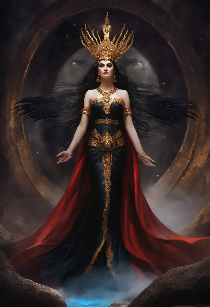 Ereshkigal great Sumerian deity, deusa da morte, mulher de cabelos pretos, flowing black robes, misteriosa e extremamente poderosa. standing on her feet, corpo inteiro. estilo mito. poder e magia. mistic.