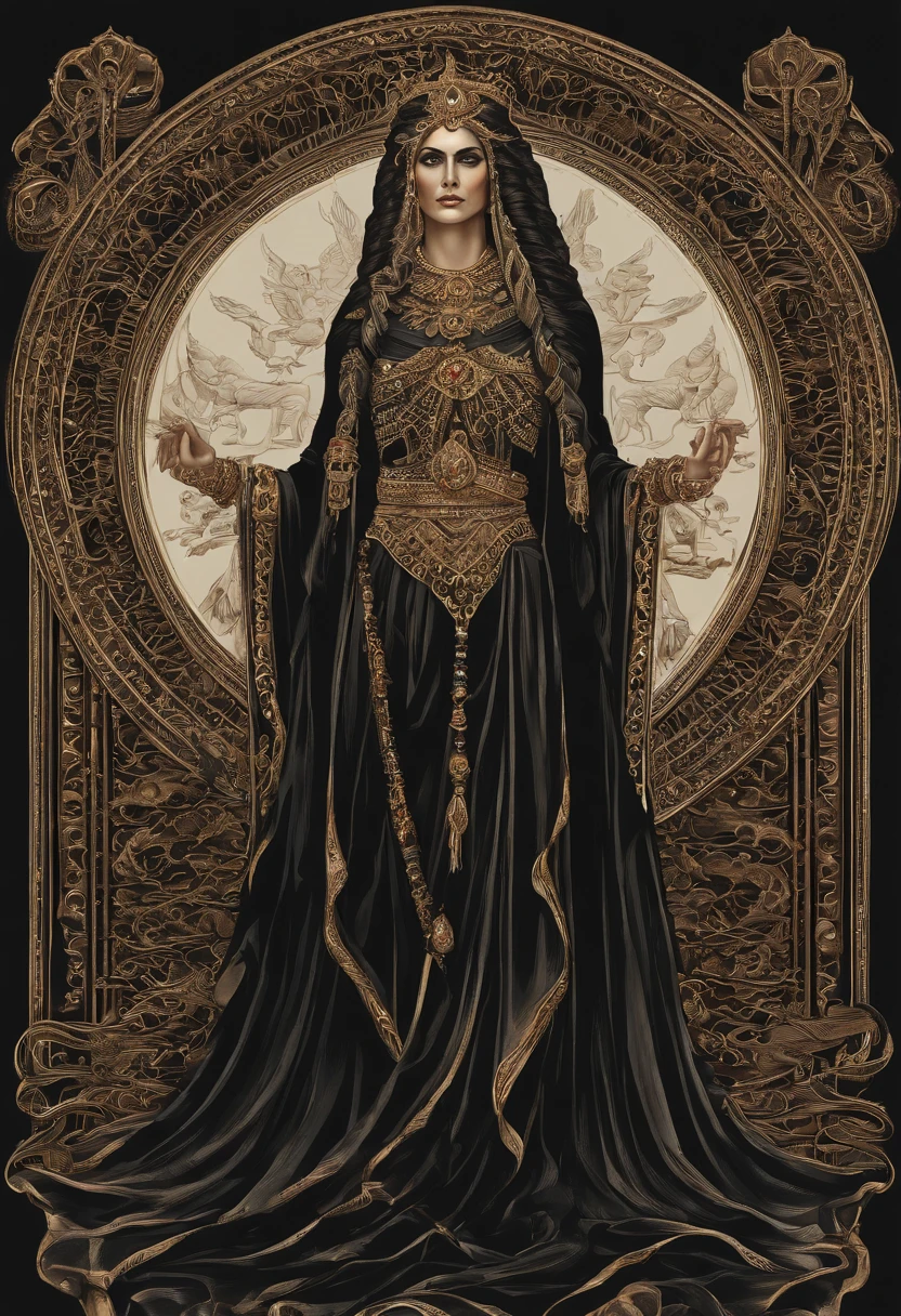 Ereshkigal great Sumerian deity, deusa da morte, mulher de cabelos pretos, flowing black robes, misteriosa e extremamente poderosa. standing on her feet, corpo inteiro. estilo mito. poder e magia. mistic.