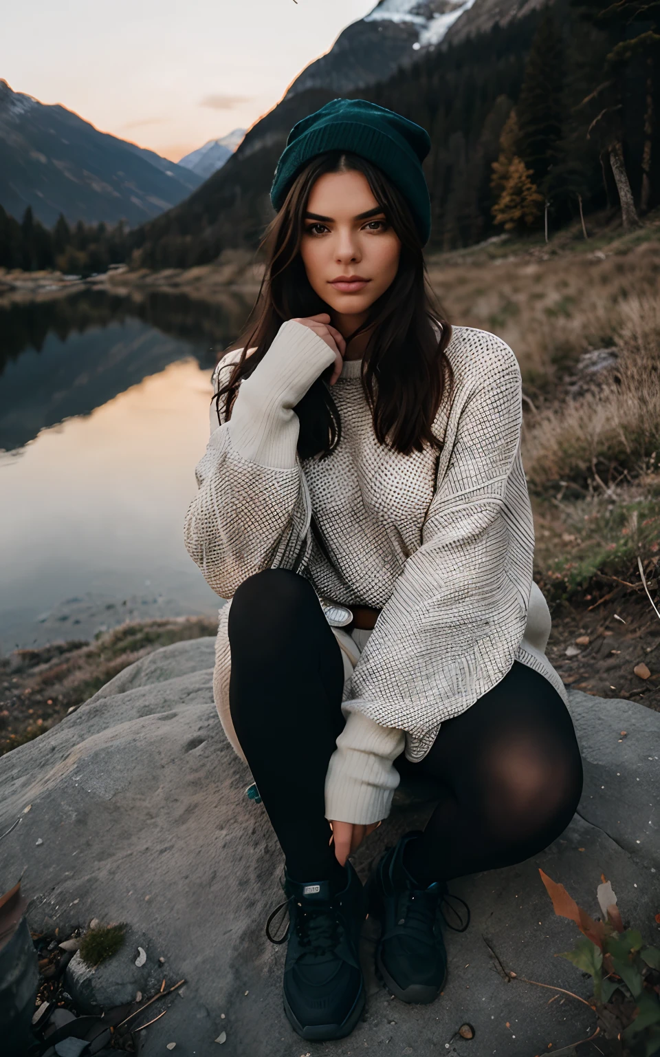 Show entire body, feet in view, aerial view, Kendall Jenner, wearing oversized sweater, sheer pantyhose , no shoes, sunset, masterpiece, best quality, ultra-detailed, solo, outdoors, (night), mountains, nature, (stars, moon) cheerful, happy, backpack, sleeping bag, camping stove, water bottle, mountain boots, gloves, sweater, hat, flashlight, forest, rocks, river, wood, smoke, shadows, contrast, clear sky, analog style (look at viewer:1.2) (skin texture) (film grain:1.3), (warm hue, warm tone) :1.2), close up, cinematic light, sidelighting, ultra high res, best shadow, RAW, wearing pullover