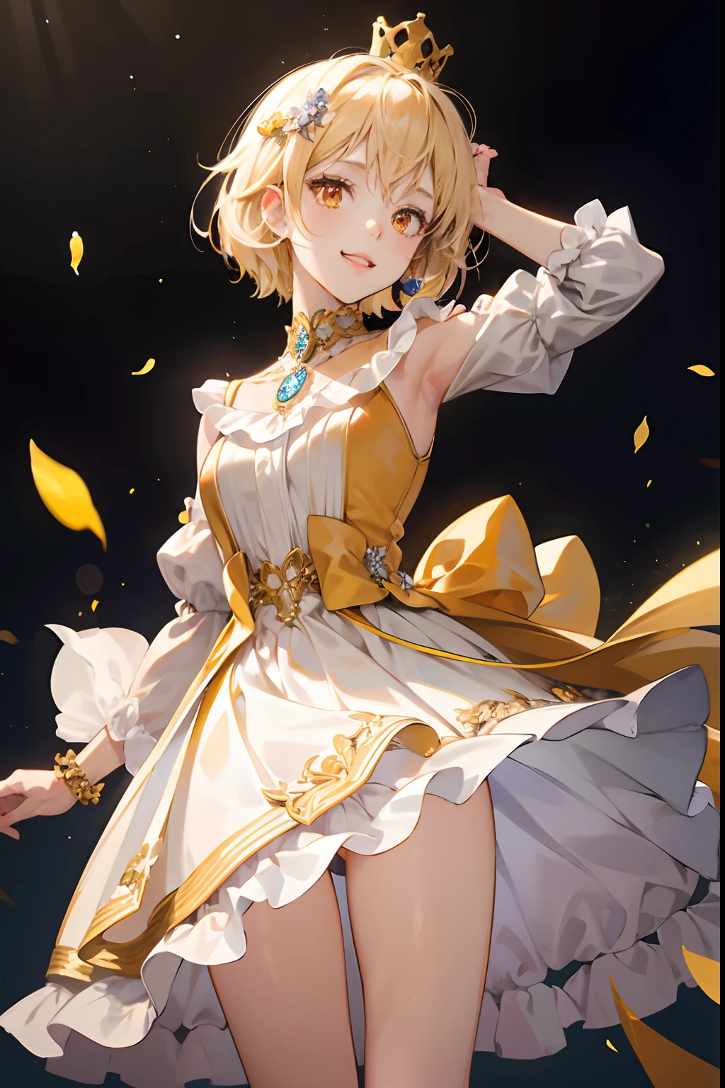 8K, Highly detailed, hight resolution, (masuter piece), Perfect face, 1girl in, Anime Girl, Thin gold hair, short-hair, Orange Eyes, Transparent white glossy skin, Wide smile, slanted eye, Cream Frill Dresses, Looking at Viewer, Put your right hand on your cheek, Raise your left hand above your head, Crown Hairpin, Detailed hair strands, full-body view, Blurry background, Detailed perspective, Flower Gem Bracelets,