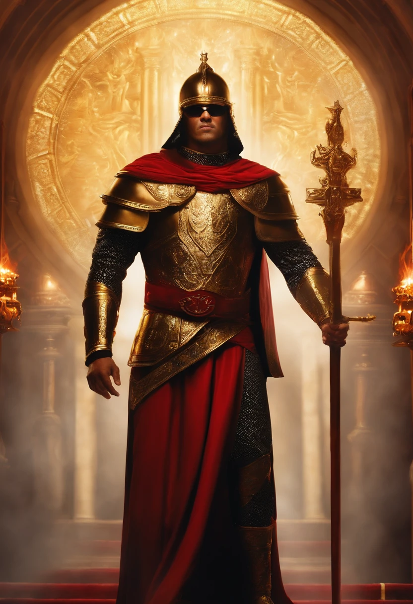 Em seu trono majestoso, um rei imponente se ergue, vestido com uma armadura de placas negras que refletem a luz sombria. Behind him, uma coroa de ouro e rubis brilha, symbolizing his power and his glory. Ao seu redor, raging winds and blazing fire dance, showing his strength and his wrath. He is the absolute lord of his kingdom, temido e respeitado por todos.