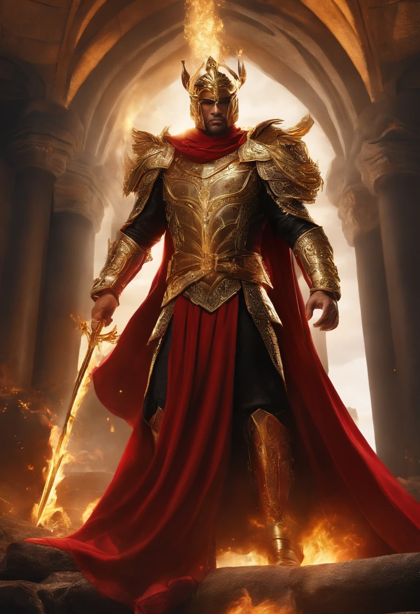 Em seu trono majestoso, um rei imponente se ergue, vestido com uma armadura de placas negras que refletem a luz sombria. Behind him, uma coroa de ouro e rubis brilha, symbolizing his power and his glory. Ao seu redor, raging winds and blazing fire dance, showing his strength and his wrath. He is the absolute lord of his kingdom, temido e respeitado por todos.