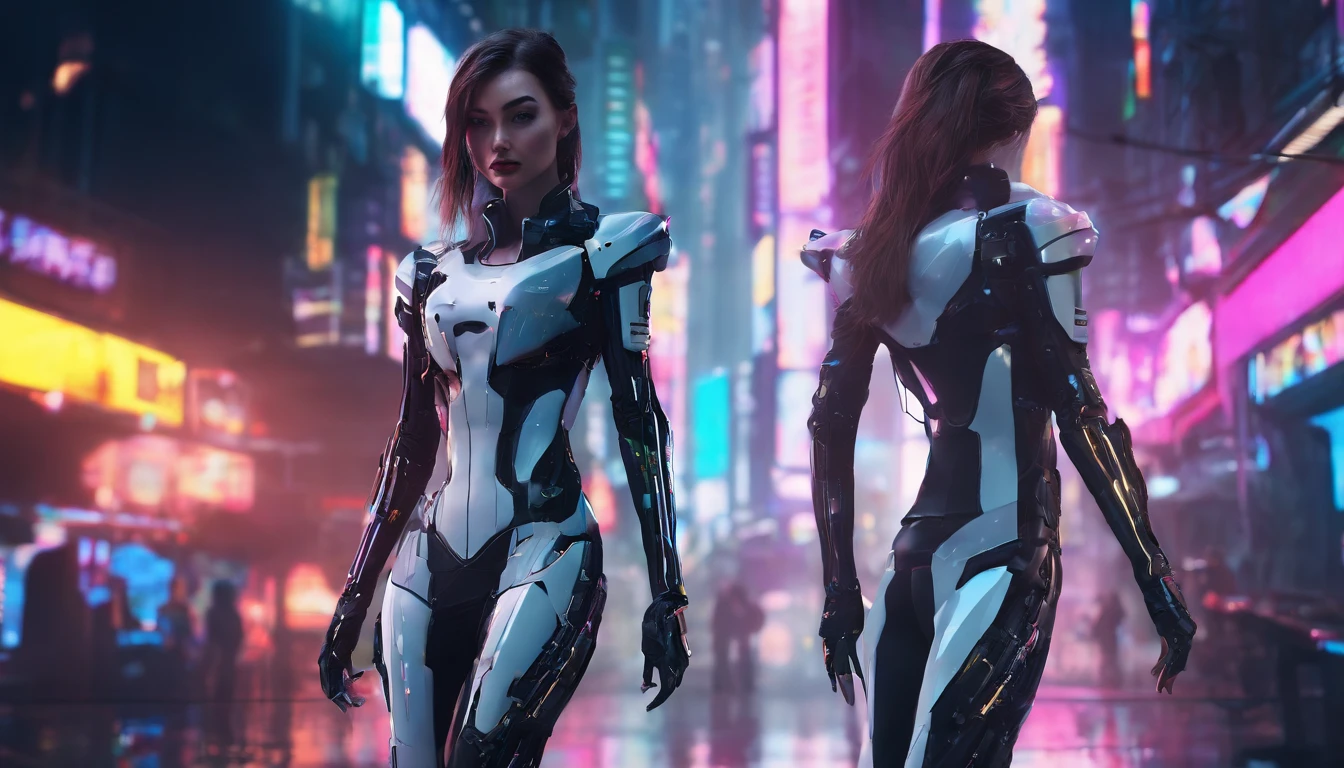 ((Woman similar to Miranda Kerr 24 YO & Perfect face & seductive expression & White cyberpunk dress & Full armor with pants & Ultra-detailed hazel eyes & Tall & Slender & Pale skin & Dark brown hair cascading down to your shoulders & Small bust & hourglass figure, detailed hands))|, She Is Running On The Rooftops, Dynamic adventurer Poses, Background Futuristic Night City,|