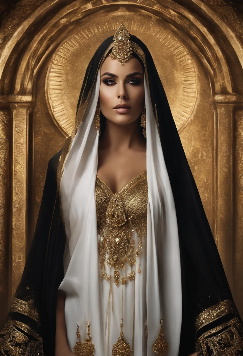 pombagira Maria Padilha das Almas, mulher de pele branca, cabelos ondulados pretos e muito longos. Olhar profundo e misterioso. standing on her feet, corpo inteiro. Flowing black robes with white and gold details. adornos dourados. estilo mito. poder e magia. mistic.