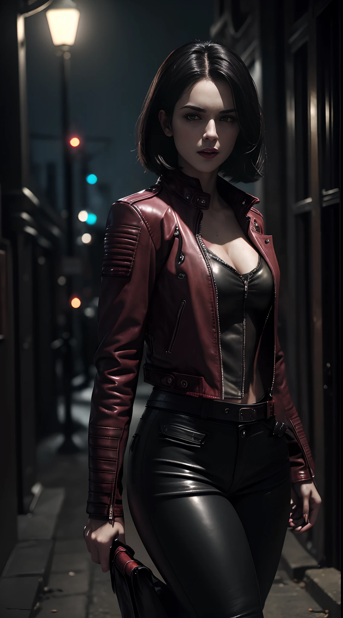 (A beautiful 25 years old British female vampire mercenary:1.4), (short black hair:1.2), (pale skin), (detailed dirty skin:1.4), (serious face), (wearing crimson leather jacket and black tight pants:1.4), (waist up shot:1.2), view from front, (dynamic action pose:1.2), (chiaroscuro lighting:0.8), (dark city at night:1.2), photo realism, intricate face detail, intricate hand details, highly detailed, vibrant colors, cinematic, 8k, trending on Artstation--style raw