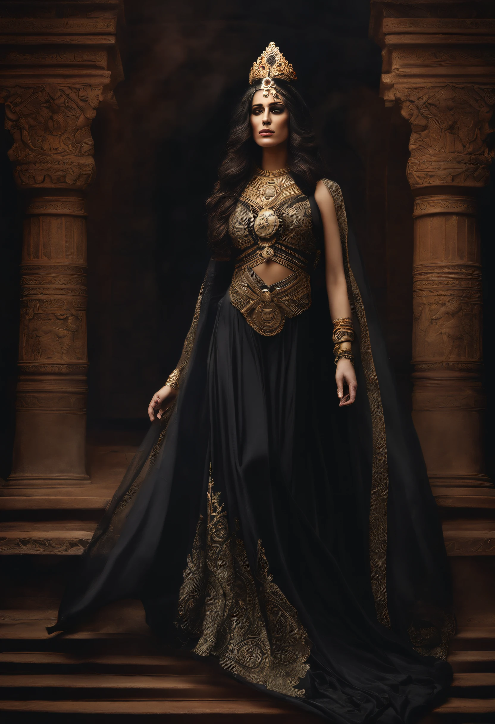 Ereshkigal great Sumerian deity, deusa da morte, mulher de cabelos pretos, flowing black robes, misteriosa e extremamente poderosa. standing on her feet, corpo inteiro. estilo mito. poder e magia. mistic.