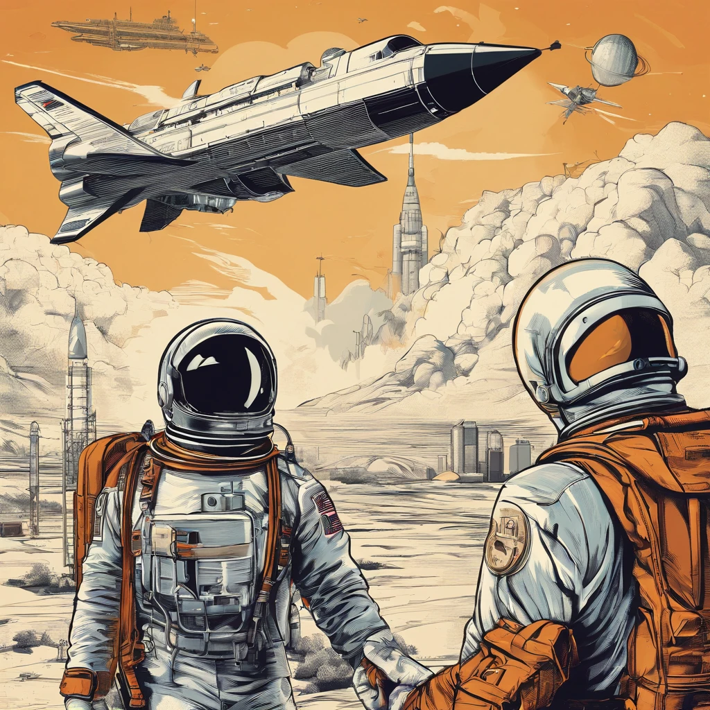 Newspaper cover with man astronaut giving press interview at rocket launch, local com pessoas, Reporter, helicopter, grande foguete decolando ao fundo, Astronaut with rocket in the background in a launch interview