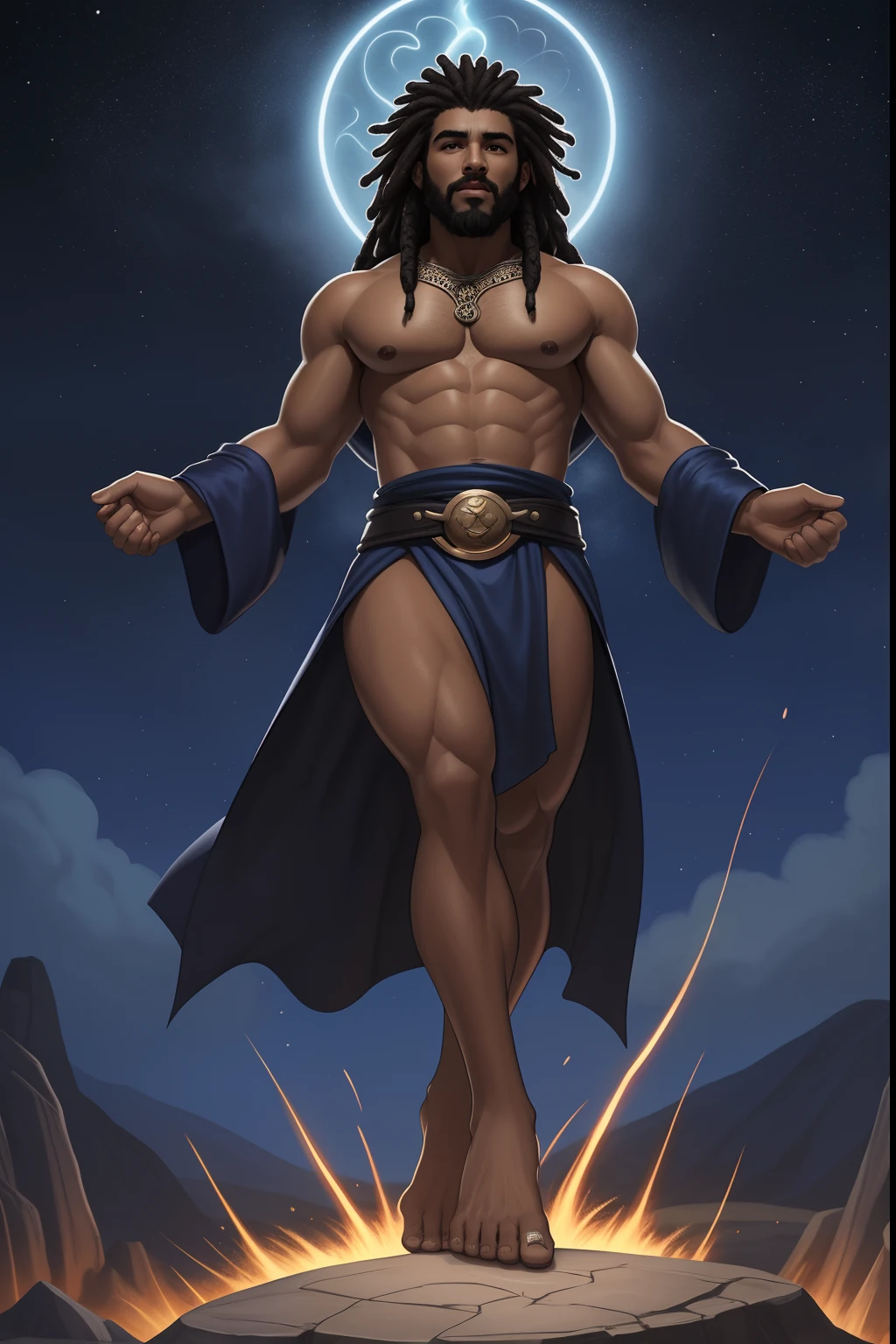 a black man Moreno King of the Gods phoenix Jesus, Moreno, de cabelo afro cabelo caindo para frente, Rasta type but braided,tiro de corpo inteiro, Olhos firmes, olhando para frente, Lightning in the sky, arms extended, olhando para frente, parado no topo de uma montanha, manto e capa vermelhos, cruz brilhante no a , Perfect Summoning Body, barefoot, Levitando, Hooded robes and arms raised on a broken earth;, luz de lava brilhante de baixo do campo de asteroides (rochas irregulares, pedregulhos e detritos disparando para o com , 4K realista com penas laranjas, Cosmic Blue. with a serious expression and looking forward, corpo inteiro. uma co com seios lindos corpo perfeito, is beautiful a destination with ,vario expression