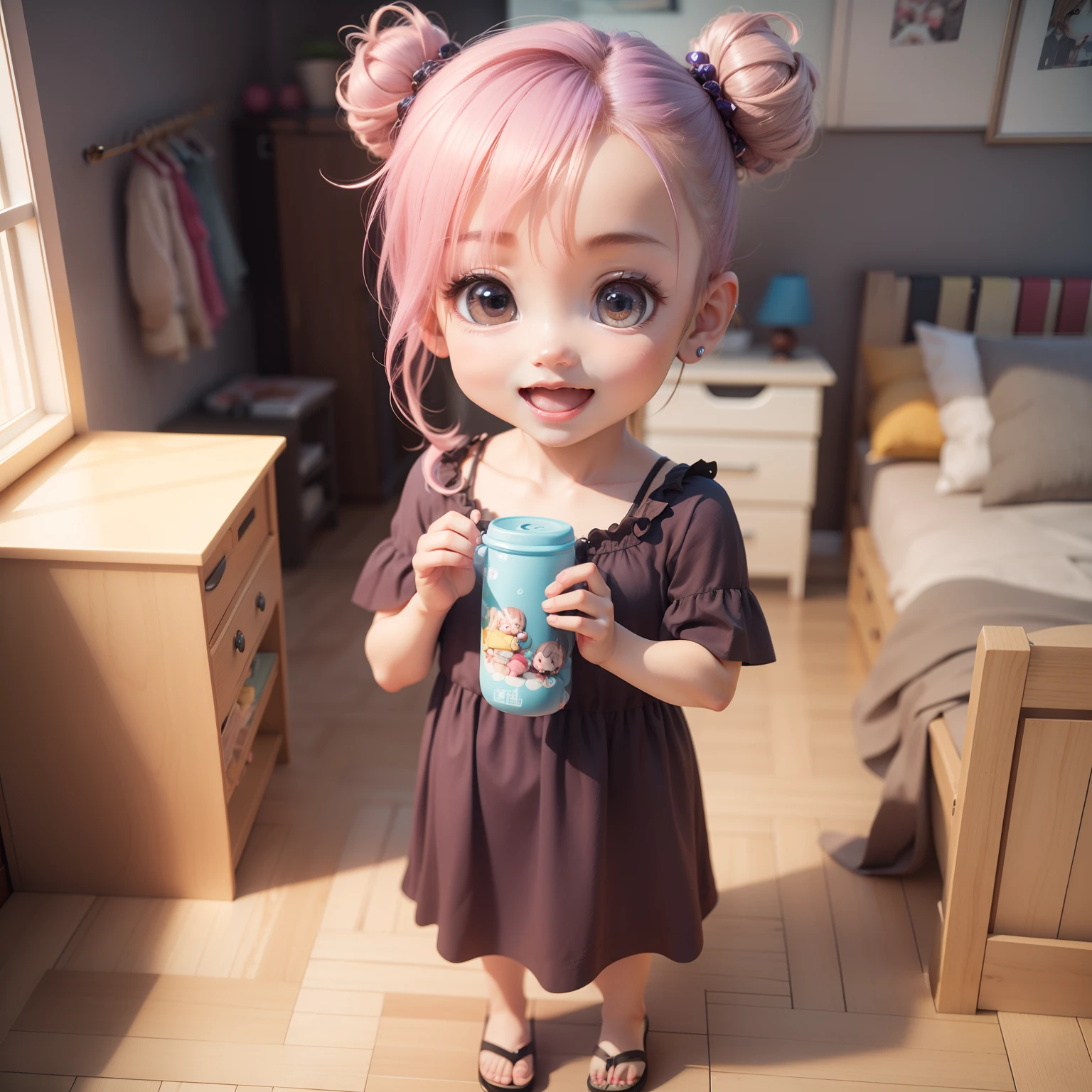 Cute Baby Chibi Anime、(((Chibi 3D))) (Best Quality) (masutepiece)、Purple ponytail、Hold the phone to your left ear、Open your mouth and smile、Standing、in a house、Chibi Living