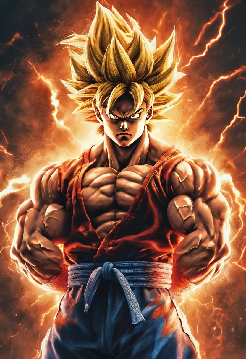realistic 3d rendering of goku украинец в желто синих тонах , surrounded by lightning, big muscular, full body photography, hyperrealistic