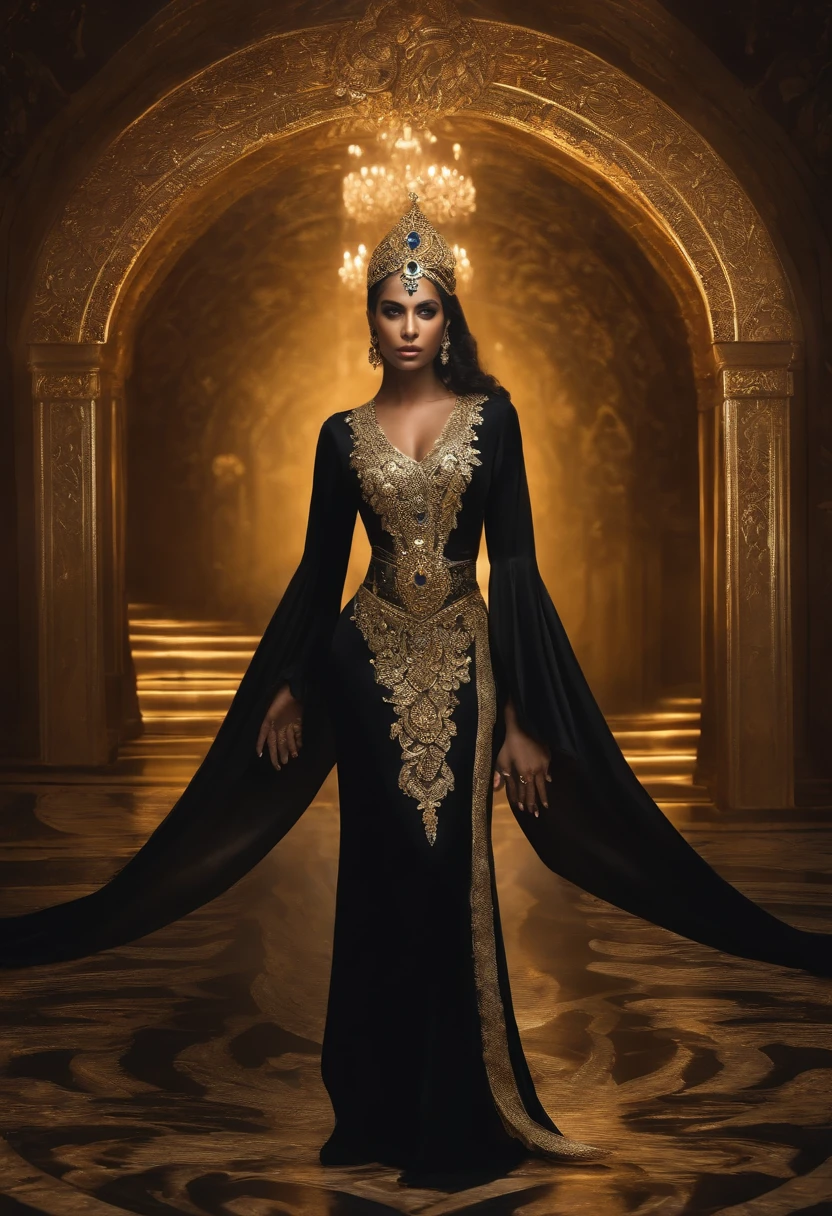 pombagira Maria Padilha das Almas, mulher de pele branca, cabelos ondulados pretos e muito longos. Olhar profundo e misterioso. standing on her feet, corpo inteiro. Predominantly flowing black robes with white and gold accents. adornos dourados. estilo mito. poder e magia. mistic.