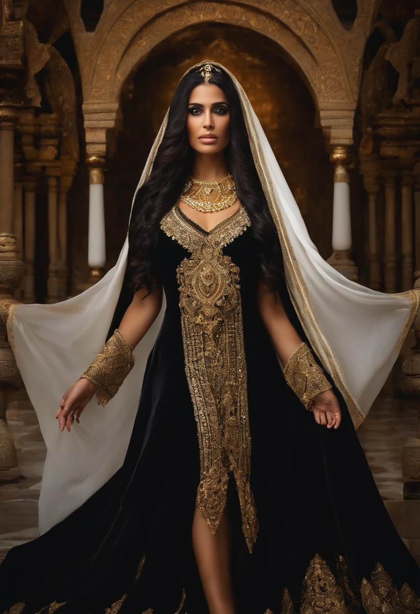 pombagira Maria Padilha das Almas, mulher de pele branca, cabelos ondulados pretos e muito longos. Olhar profundo e misterioso. standing on her feet, corpo inteiro. Predominantly flowing black robes with white and gold accents. adornos dourados. estilo mito. poder e magia. mistic.