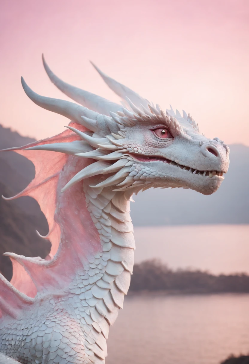 "(best quality,4k,8k,highres,masterpiece:1.2),ultra-detailed,white dragon,fluorescent scales,pastel pink,beautiful detailed eyes,long white whiskers,sharp claws,dragon wings,hovering in the sky,pinkish sky,glowing clouds,sparkling stars"