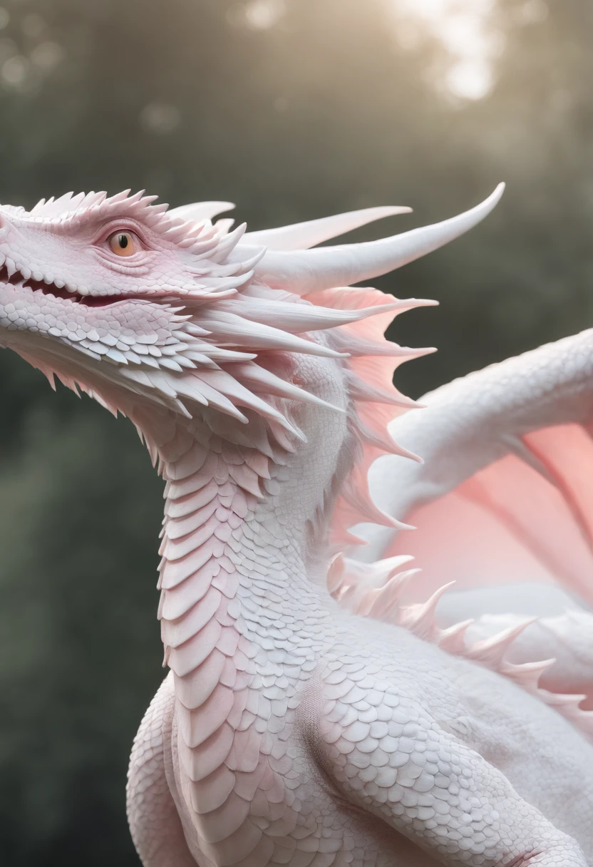 "(best quality,4k,8k,highres,masterpiece:1.2),ultra-detailed,white dragon,fluorescent scales,pastel pink,beautiful detailed eyes,long white whiskers,sharp claws,dragon wings,hovering in the sky,pinkish sky,glowing clouds,sparkling stars"