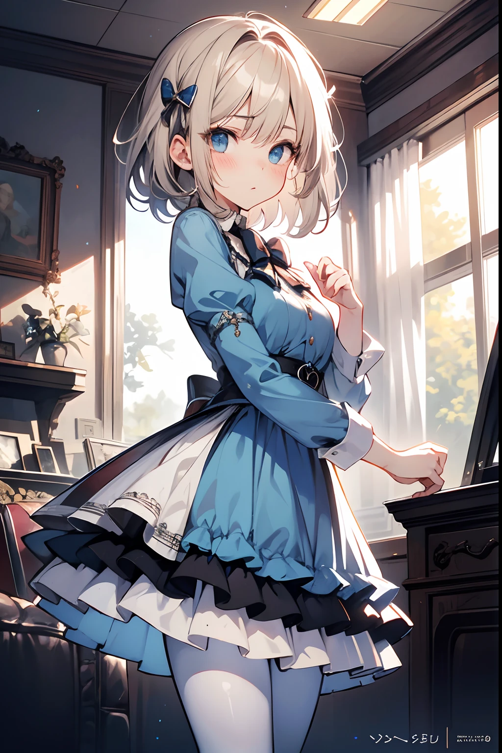 nffsw,nffsw,8K, Best Quality, Master Pieces, Highly detailed, Studio Lighting, Physically-based rendering, 1girl in, Solo, blush, Alice in Wonderland, Blue Dress, White pantyhose, a blond,  short-hair