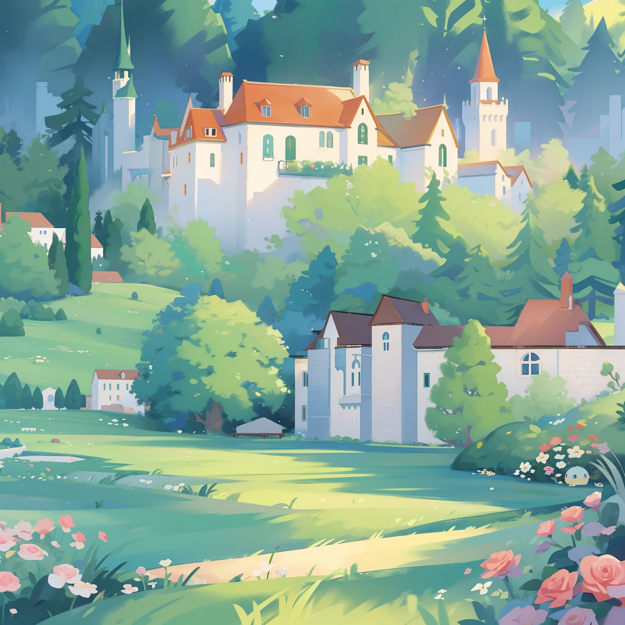 watercolor storybook illustration, hidden huge whimsical asymmetrical castle, warm colors, colorful flower garden, overgrown vines and plants, trees and bushes, ((fairytale castle)), princess castle, fairytale storybook