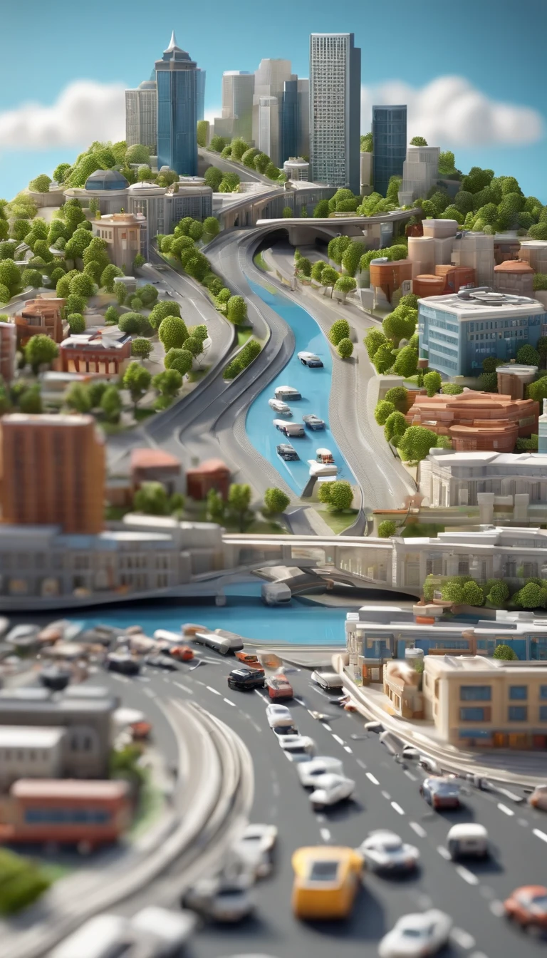 Miniature, Super cute clay world, Isometric view of the city Highways, Isometric view of the city Freeways, Isometric view of the on-ramps, off-ramps, mixmasters, merging roadways, Isometric view of the city roadways, with traffic, cars, trucks, sports cars, motorcycles, green highway signs, cute clay freeze frame animation, City view, 城市, People, the street, road, tilt-shift, Excellent lighting, fixing roofs, volume, landscape, bars, pubs, dancing, massage parlors, adult shops, cabarets, strip clubs, Brilliant blue sky with white fluffy clouds, sun rays, brush, white background, 3D, Super detail
