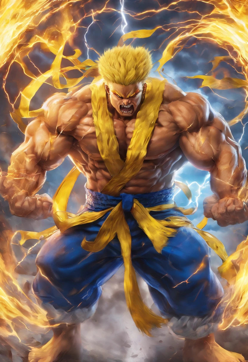 realistic 3d rendering of украинец в желто синих тонах , Flag of Ukraine, surrounded by lightning, big muscular, full body photography, hyperrealistic