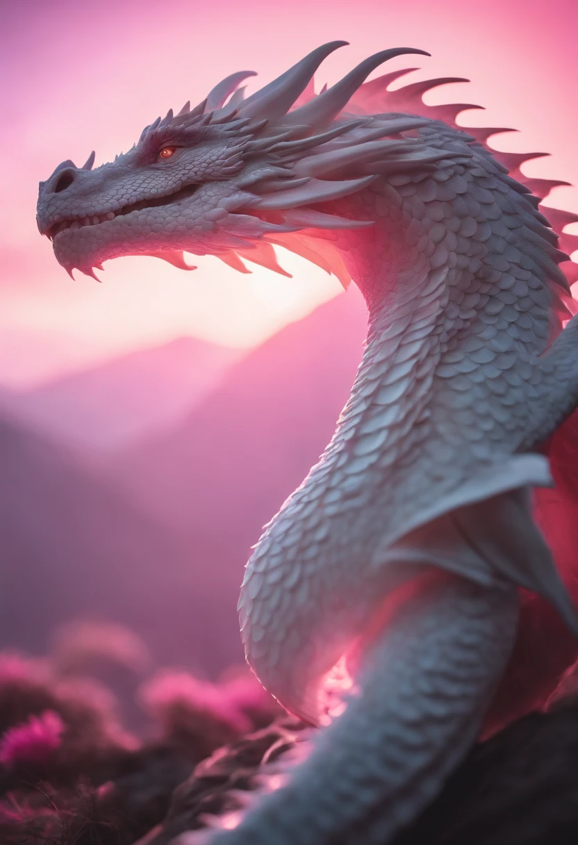 white dragon,fluorescent scales, baby pink tones, detailed scales, vibrant colors, ethereal lighting