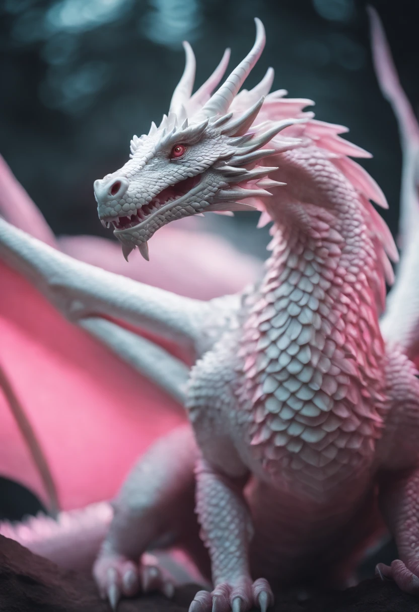 white dragon,fluorescent scales,  pink tones, detailed scales, vibrant colors, ethereal lighting