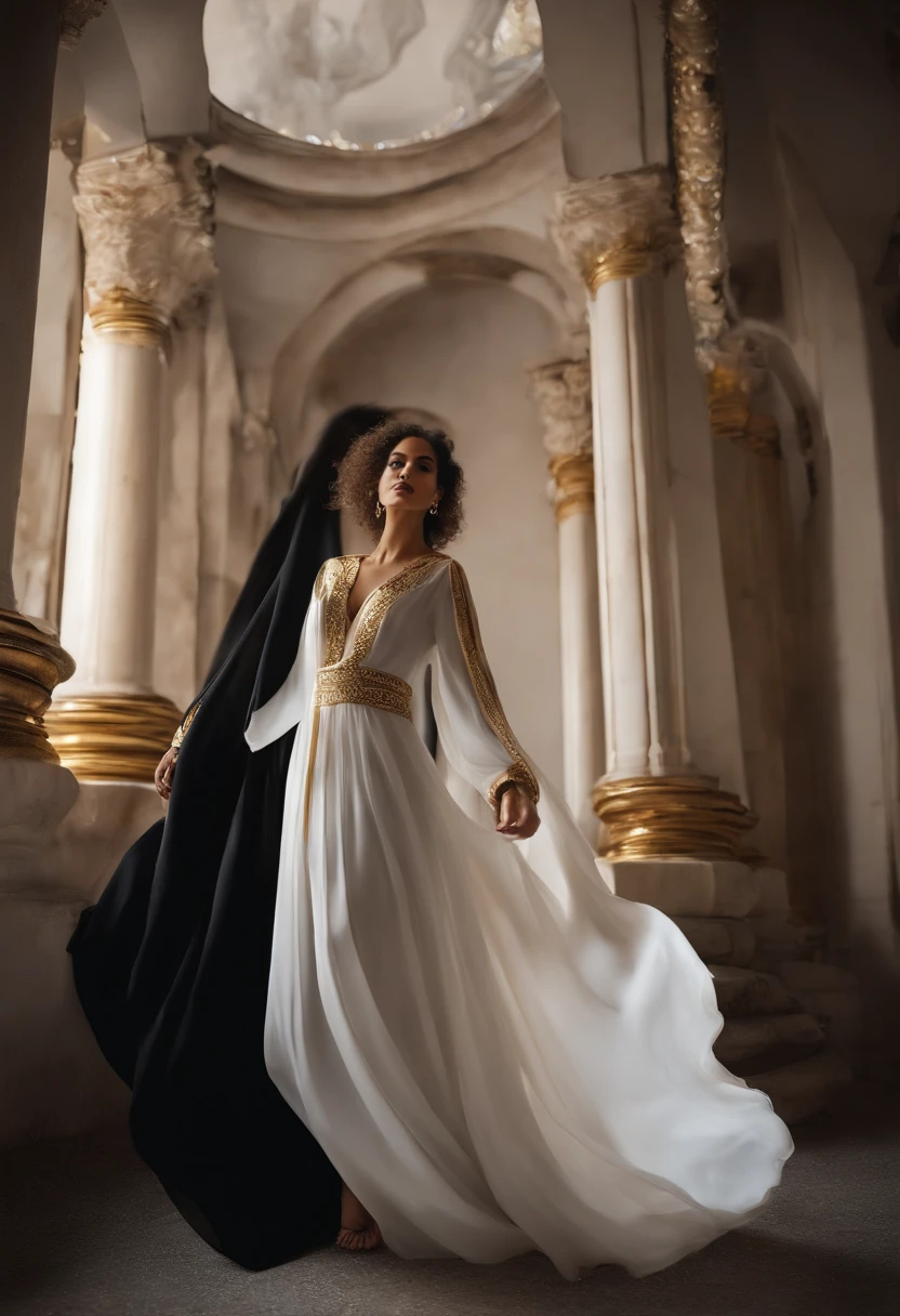Padilha das Almas, mulher de pele branca, cabelos ondulados pretos e muito longos. Olhar profundo e misterioso. standing on her feet, corpo inteiro. Predominantly flowing black robes and rotated with white and gold details. adornos dourados. estilo mito. poder e magia. mistic.