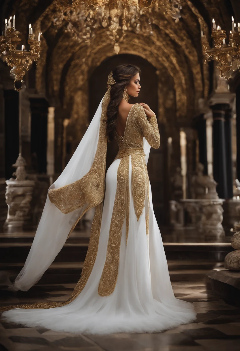 Padilha das Almas, mulher de pele branca, cabelos ondulados pretos e muito longos. Olhar profundo e misterioso. standing on her feet, corpo inteiro. Predominantly flowing black robes and rotated with white and gold details. adornos dourados. estilo mito. poder e magia. mistic.