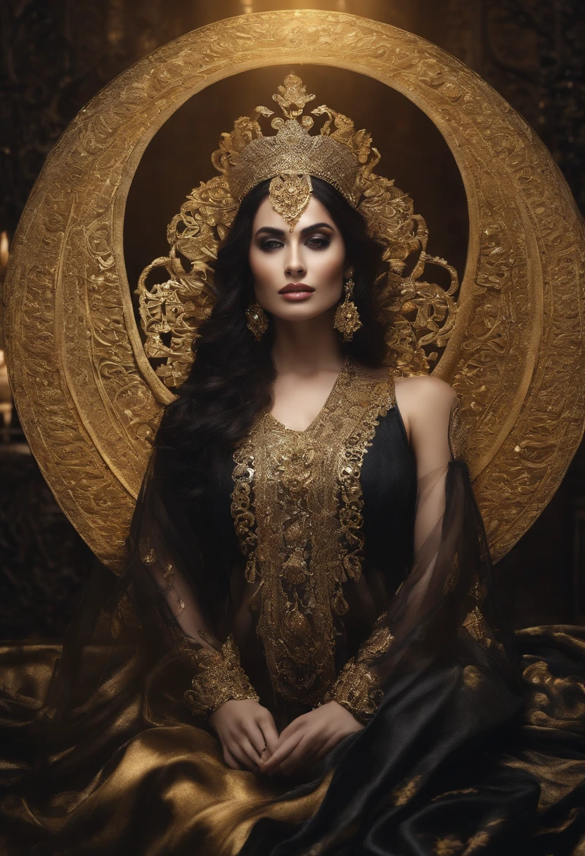 Padilha das Almas, mulher de pele branca, cabelos ondulados pretos e muito longos. Olhar profundo e misterioso. standing on her feet, corpo inteiro. Predominantly flowing black robes and rotated with white and gold details. adornos dourados. estilo mito. poder e magia. mistic.
