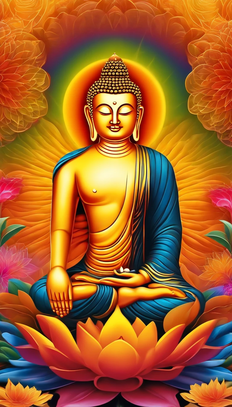"Generate a realistic depiction of Buddha with a golden aura around him with a very bright divine light descending from heaven and illuminating Buddha in its entirety, sitting on a giant lotus flower symmetrical in the colors of the rainbow, It is in the middle of a garden with many flowers and colors, com flores coloridas ao redor e luz suave iluminando seu rosto." High Definition Image, detalhamento alto e estilo fotorrealismo. Imagem com pelo menos 300 dpi, UHD 8k