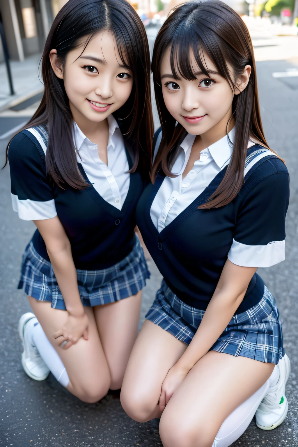 8k,masterpiece,Japanese,Two girls at ,from the front,smile,cute,Innocent face,Innocent,Kind eyes,Childish,A plain white shirt with a wide open chest,On all fours、slouch　,You can almost see her small cleavage　Short sleeve,Blue checked super short skirt,Semi-long bun hair,Hair blowing in the wind,Black Hair,Somewhat strong wind,noon,bright,Sitting