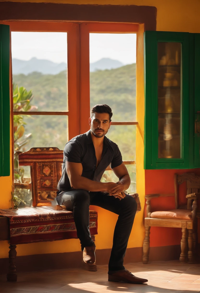 Handsome Mexican guy in his house, a beautiful landscape is visible from the window